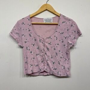 Stylenanda Lavender Floral Ribbed Knit Button Front Crop Top Small